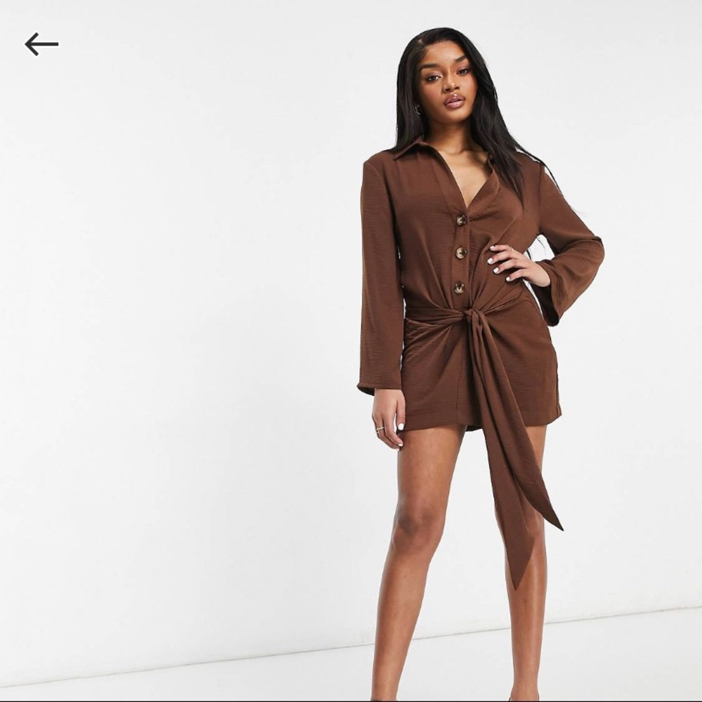 ASOS Design Petite plunge mini drape tie front shirt dress in chocolate
